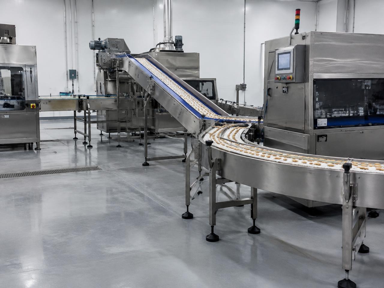 Integrierte Produktionslinie mit Steig- und Kurvenförderern, die mehrere Maschinen verbinden