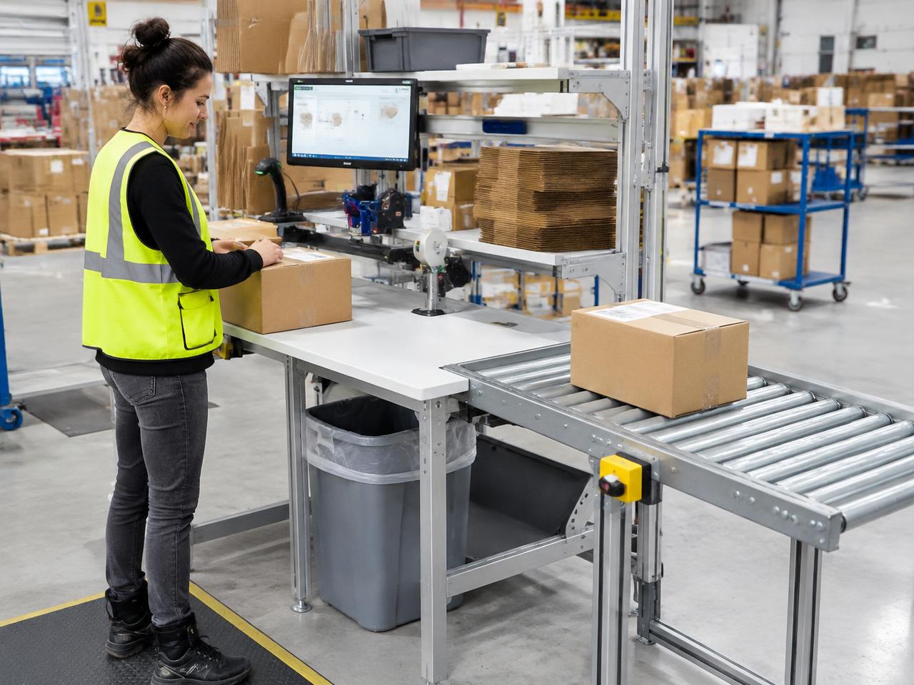 Modularer Packplatz mit angebundener Rollenbahn in einem Fulfillment-Betrieb